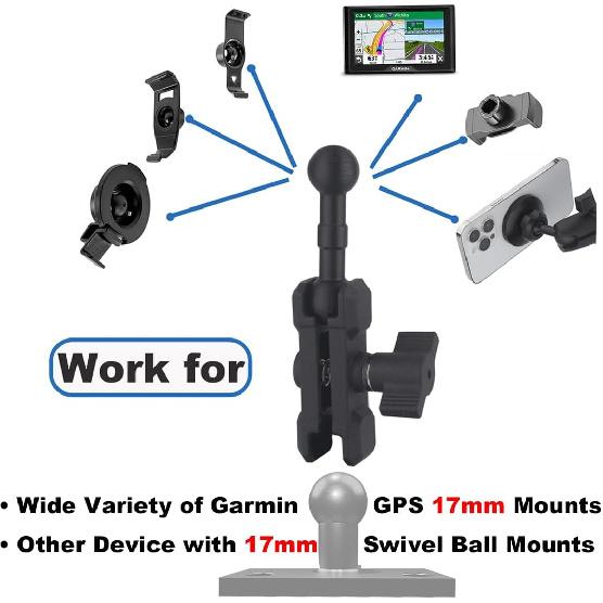 17mm Ball Mount Extension Arm, Double Socket Arm 17mm Ball 360° Swivel Extension Rod for Garmin GPS Mount, Car/Air Vent/Dash/Suction Cup Mounted