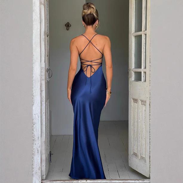 Женское летнее платье из атласа с V-образным вырезом и однотонным узором на бедрах с высоким разрезом для вечеринки