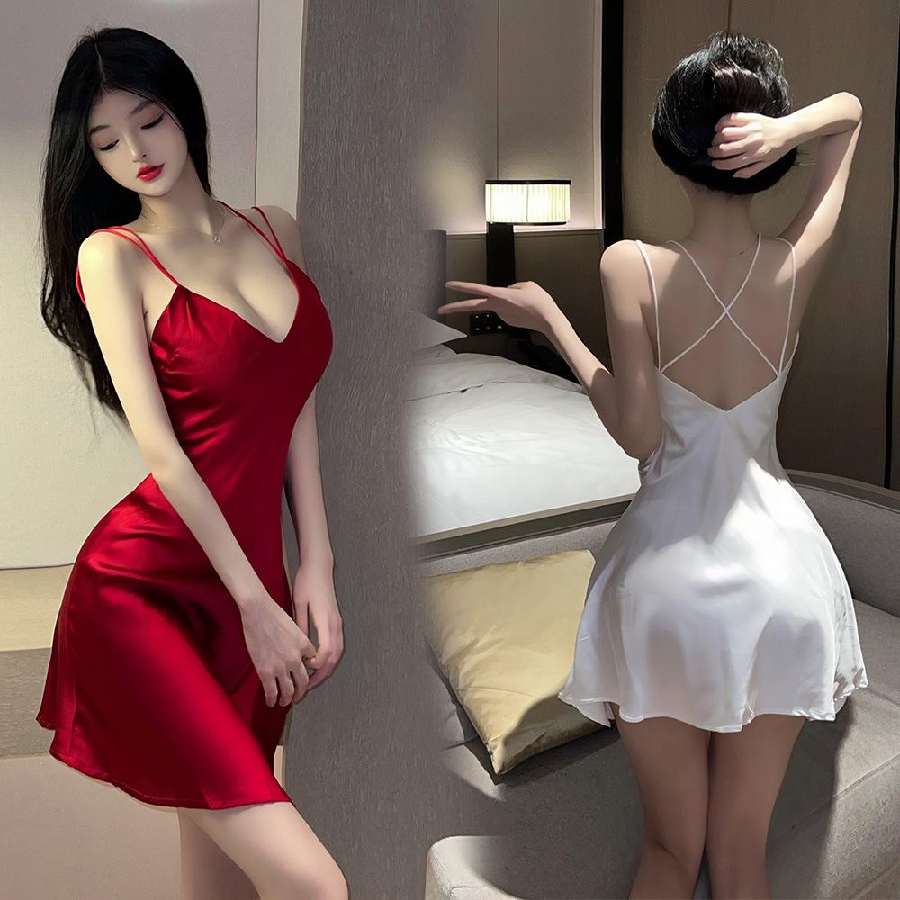 Sex Underwear Satin Large Size Free Sexy Side Split Silky Loungewear Bed Uniform Smooth Nightdress