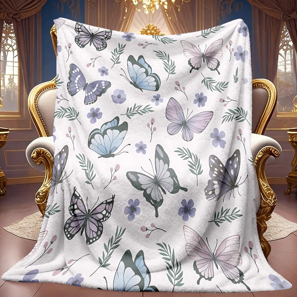 1pc 2D Butterfly Floral Theme Pattern Flannel Blanket, Soft HD Digital Print Cooling Blanket All Year Round! Soft And Breathable 100% Polyester Fiber,