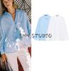 Summer New Product Women's Clothes Flap Collar Long Sleeves Patchwork Button Trim Linen Blend Shirt Tops 8117707