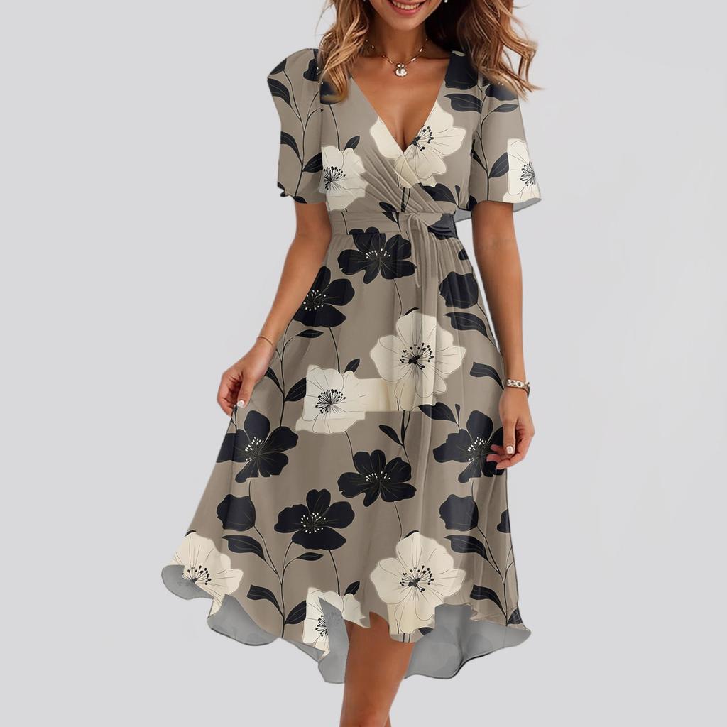 Женское свободное повседневное платье с V-образным вырезом, расклешенная юбка, короткие рукава, напечатанное платье с принтом