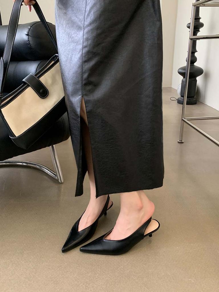 Модные женские босоножки с острым носком 2024 года, новые поступления, модные туфли-лодочки на тонком низком каблуке с ремешком сзади, черные, бежевые, коричневые, летние туфли для вечеринок