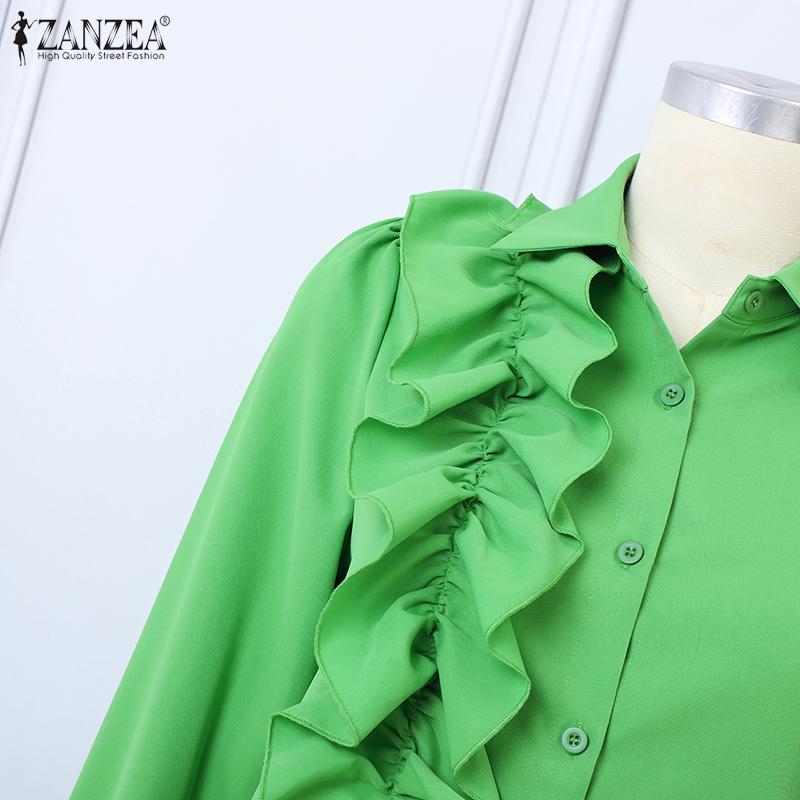 ZANZEA Женская повседневная однотонная рубашка с длинным рукавом и оборками