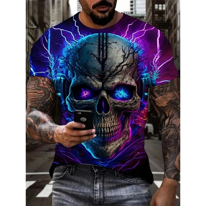 Мужская футболка с принтом ужасного черепа, 3D-принт, винтажный O-образный вырез, короткий рукав, модные футболки больших размеров, мужская летняя уличная одежда