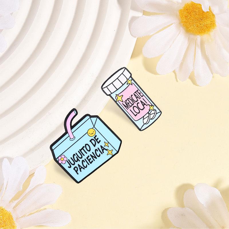 Juguito De Paciencia Blue Juice Box Enamel Pin Humor Spanish Medicate Loca Pink Medicine Bottle Brooch Lapel Badge Jewelry Gifts