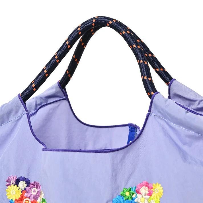 Eco-Friendly Embroidered Nylon Shopping Bag with Butterfly and Flower Designs, Convertible Hand-Held/Shoulder Style.