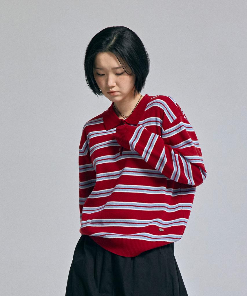 AWESOME STUDIO Multi-Stripe Collared Knit Burgundy
