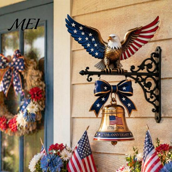 USA 250th Anniversary Souvenir Spirit of Liberty Eagle Bell, Wall Mounted Veterans Day Memorial Gift Patriotic Metal Bell for Front Door Garden Porch