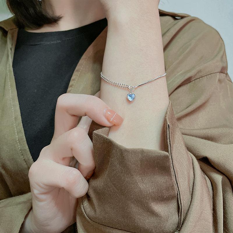 Серебряный браслет S925, двухслойный браслет «Девичья любовь» с лунным камнем, игривый и милый браслет в форме сердца