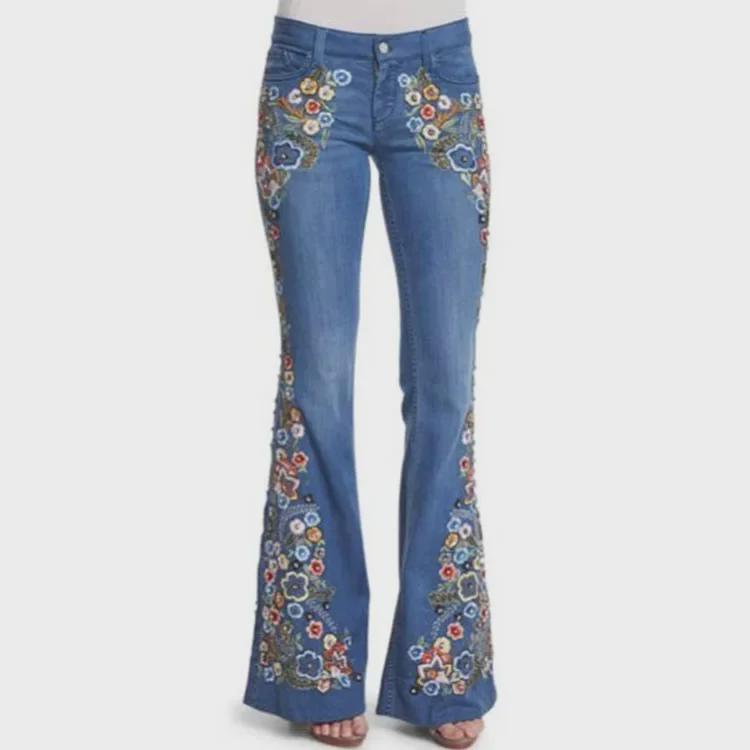 Embroidered Slim Fit Flared Women's Jeans: European and American Style