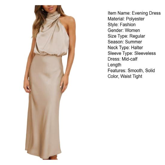 Облегающее женское платье с воротником-стойкой и лямкой на шее без рукавов, гладкое атласное вечернее платье миди со свободным подолом