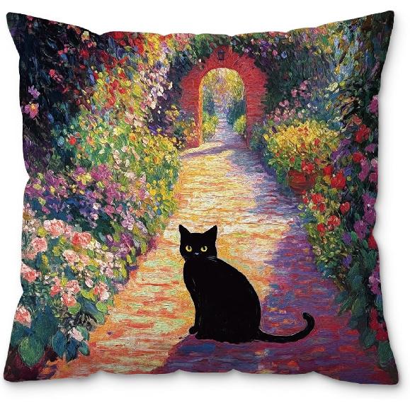 Boho Abstract Floral Black Cat Pillow Covers 18x18, Black Cat Gifts for Women, Cats Mom Lady Grandma Gifts, Whimsical Wildflower Kitten Decorative