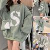 Women Sweatshirt Thick Plush Letter Neck Long Pattern Loose Round Sleeve Soft Warm Mid Length Elastic Cuff Hem