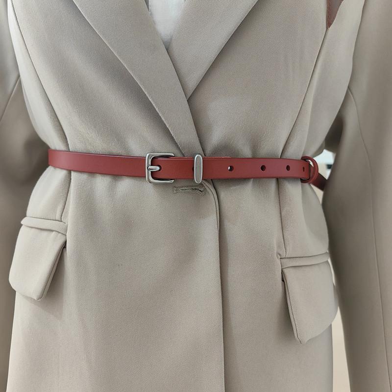 Тонкий женский ремень из натуральной кожи с застежкой-булавкой из сплава для модного повседневного использования