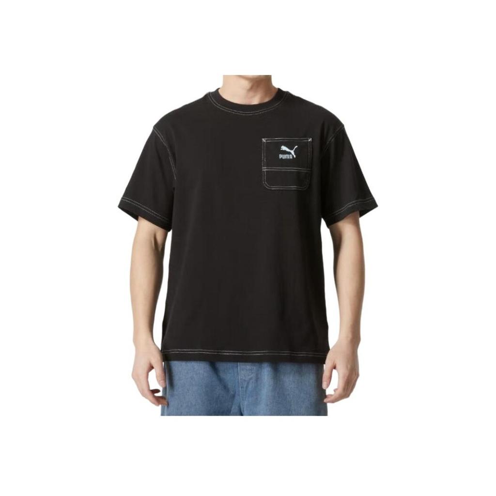 Puma Logo Pocket Design Breathable Casual Sports Round Neck Short Sleeve Drop Shoulder T-Shirt Unisex Tops Black 626858-01