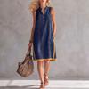 Stand V Neck Sleeveless Linen Midi Dress Color Block Trim Loose Relax Fit Casual Shift Dress With Side Pockets Vacation Breathable Outfit