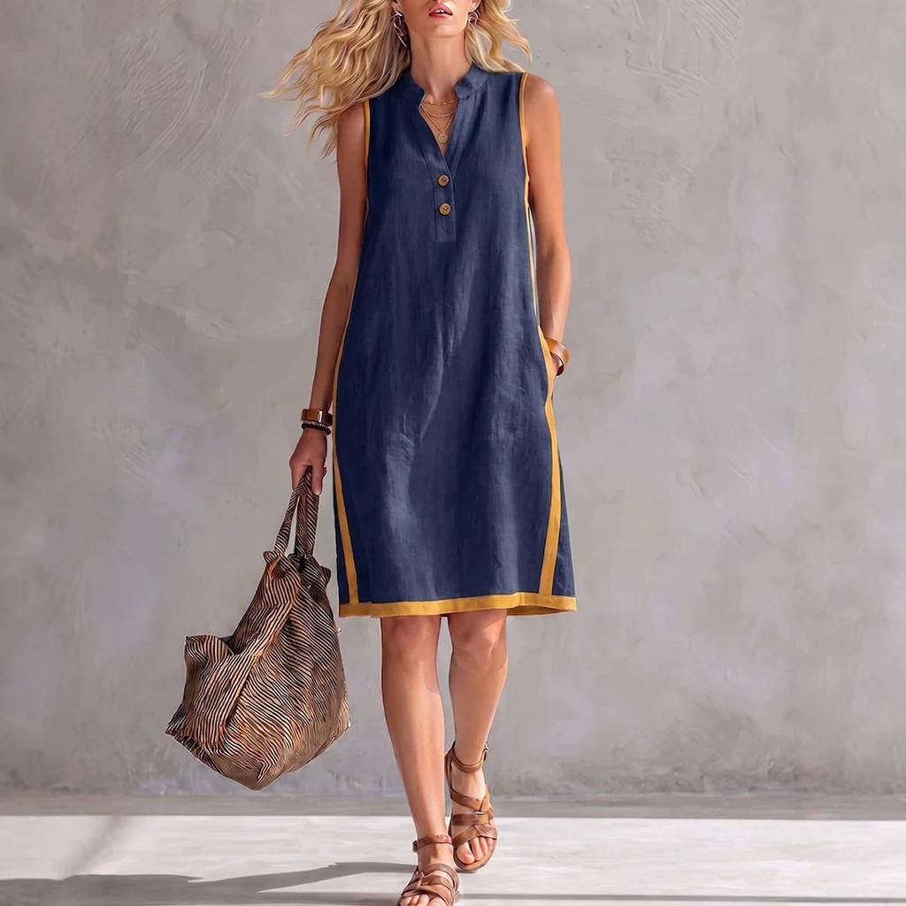 Stand V Neck Sleeveless Linen Midi Dress Color Block Trim Loose Relax Fit Casual Shift Dress With Side Pockets Vacation Breathable Outfit