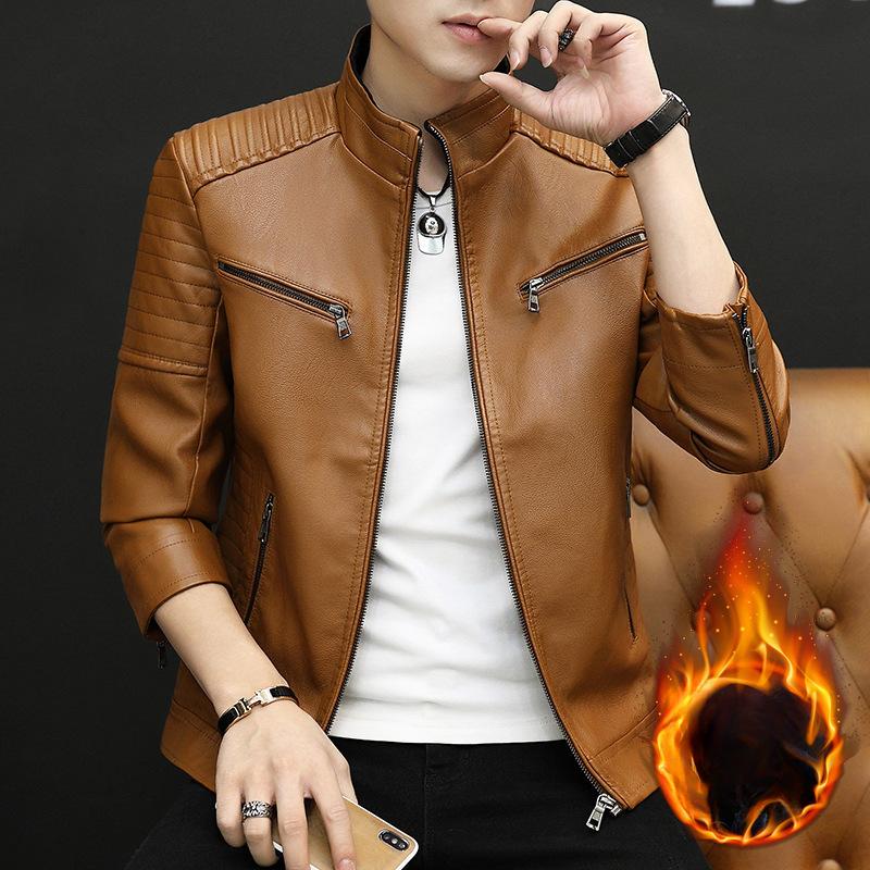 Мужская кожаная куртка с воротником-стойкой, весна и осень, новая корейская стильная красивая куртка из искусственной кожи для летающего мотоцикла для мужчин