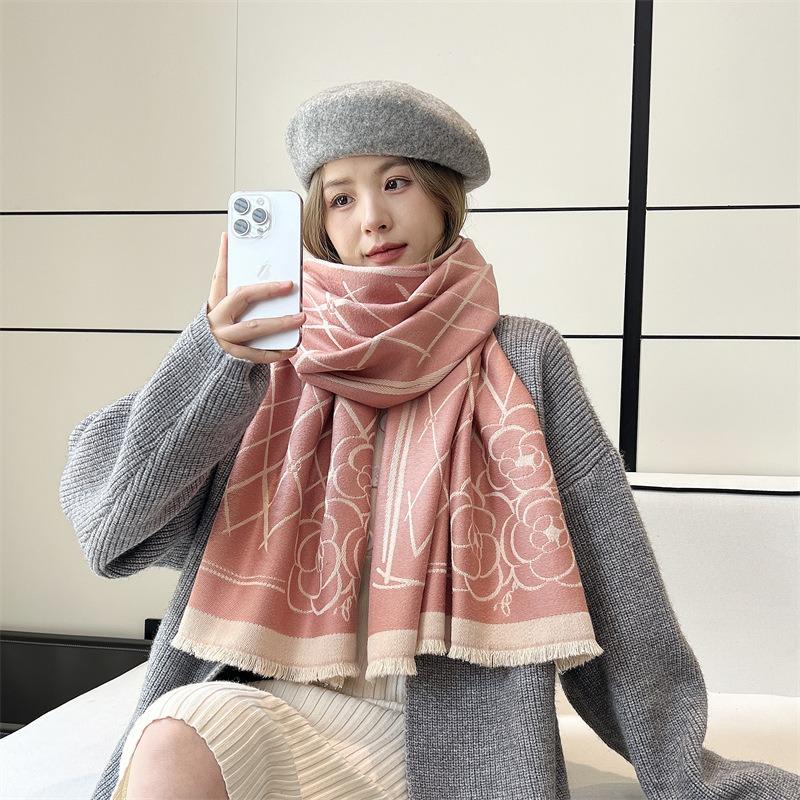 Winter Camellia Oblique Plaid Core-spun Yarn Jacquard Scarf Women's Versatile Cashmere Shawl Thickened Warm and Cold-proof Scarf
