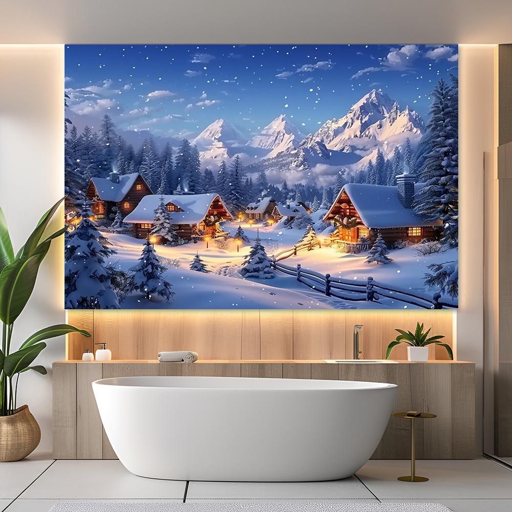 A polyester Christmas village and snow-capped mountain background cloth for a multi-functional winter scene banner festive