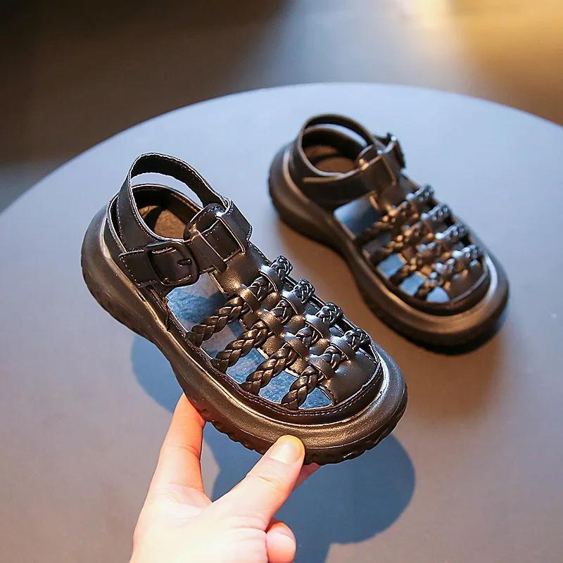 Fashion 2025 Summer New Children Sandals for Girls Fashionable Korean Style Soft Bottom Anti-slippery Versatile Woven Roman Beach Shoes