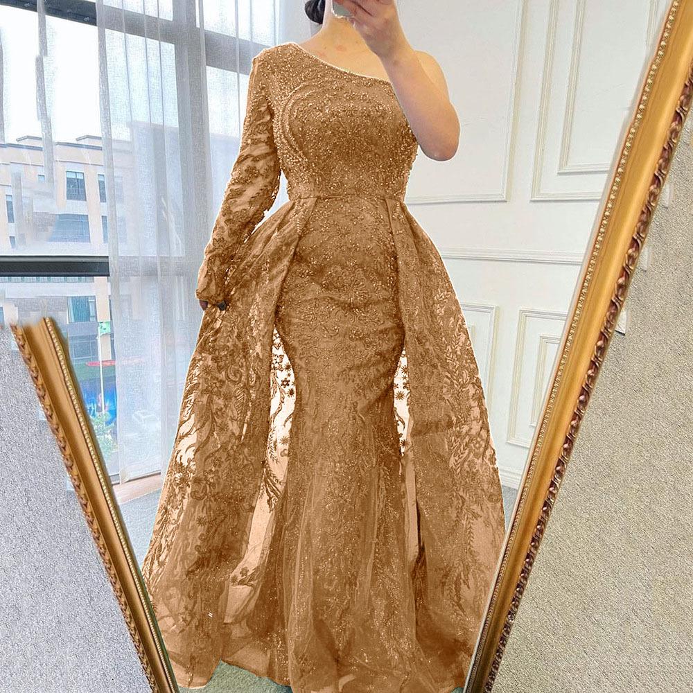 Y9360 summer new European and American women's clothing beaded light luxury slanted shoulder dress slim fishtail dress skirt
