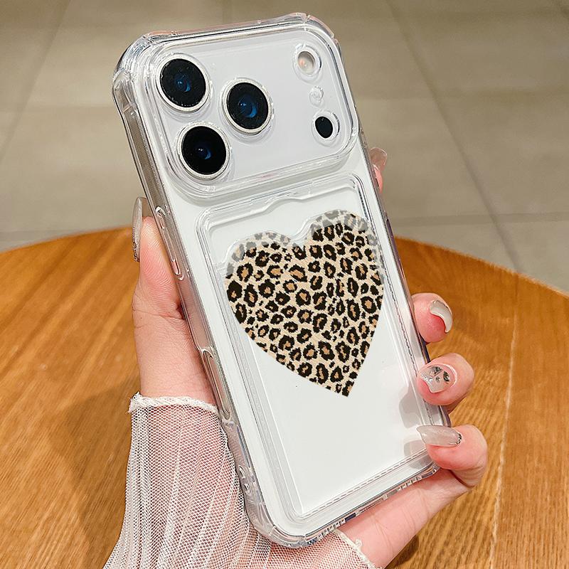Чехол TPU с кармашком для карты для iPhone 17 Pro Air 16e 16 15 14 13 Pro Max 12 11, с рисунком леопарда и сердечек, мягкая крышка для телефона