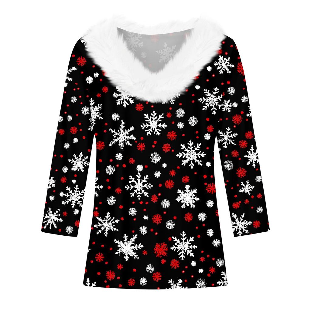 Женская футболка с рождественским принтом, флисовый воротник с рукавом три четверти и V-образным вырезом на рождественской вечеринке