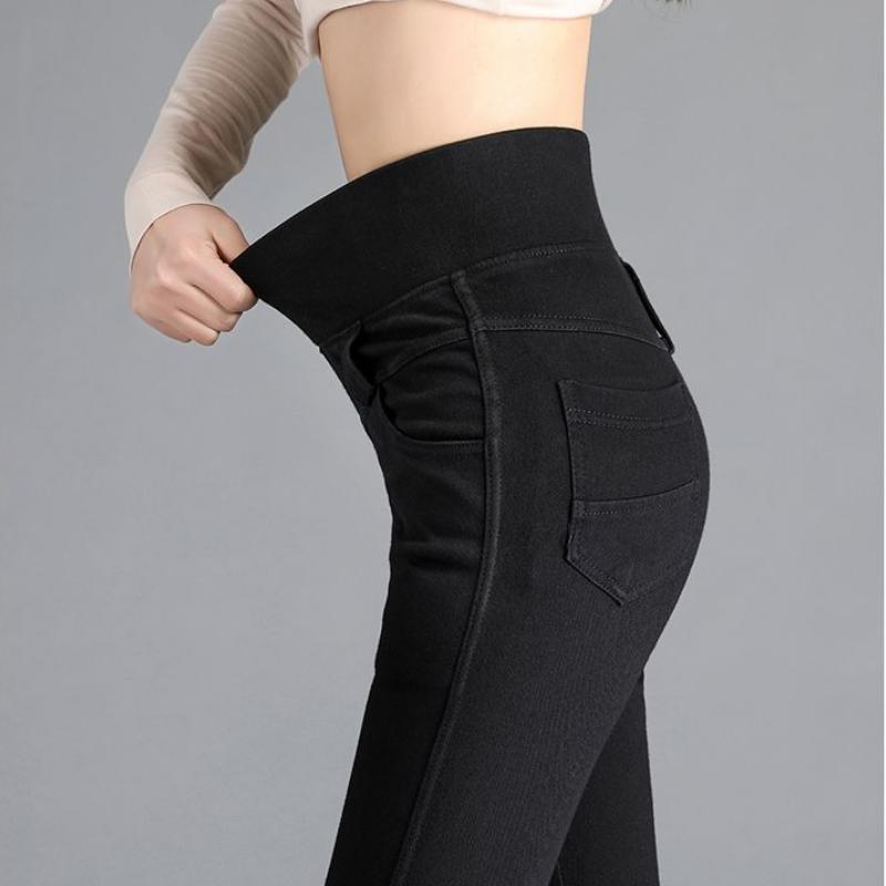 Джинсы больших размеров с высокой талией для женщин, осенние тонкие эластичные джинсовые брюки-карандаш с поясом с кисточками, узкие джинсы с эффектом пуш-ап, женские брюки