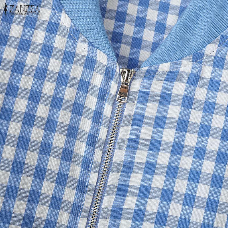 ZANZEA Женская повседневная блузка с круглым вырезом, длинным рукавом, клетчатым принтом и застежкой-молнией