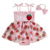 Baby Girls Summer Romper Dress Sleeveless Letter Strawberry Embroidery Tulle Romper with Headband