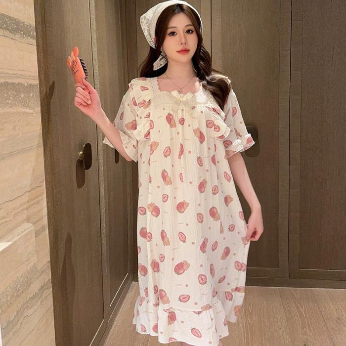 Ночная сорочка с принтом вишни, пижама женская, корейский стиль, рюши, ночное платье, пижама, летняя, с коротким рукавом, домашняя одежда, новинка