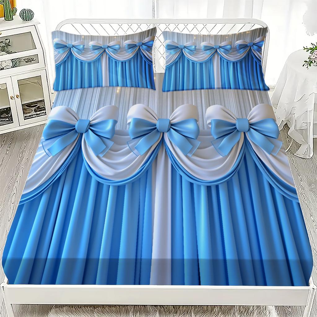 Синие Занавески с Бантами Комплект Постельного Белья с Простыней на Резинке Сине-Белый Принт Занавесок Постельное Белье с Наволочками для Спальни