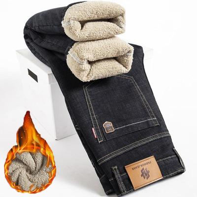 Зимние прямые джинсы из овечьего пуха, мужские утолщенные джинсы большого размера 40, с высокой талией, эластичные, с флисовой подкладкой, теплые, облегающие