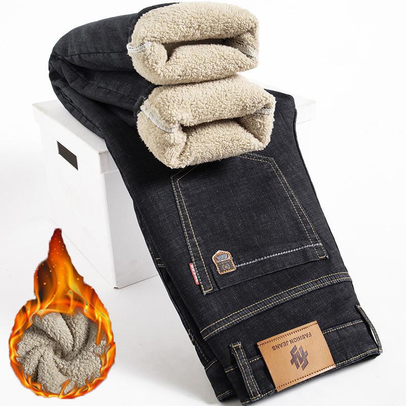 Plus Size Men Thicken Jeans High Waist Stretch Jeansy Fleece Lined Warm Winter Lamb Fluff Denim Straight Pants