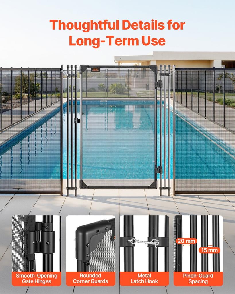 Pool Fence Gate, 1.2 x 0.75 m Inground Swimming Pool Fences Gate, Outdoor Security Fencing Door Kit with Metal Latch, 352 gsm Teslin PVC Mesh, Round