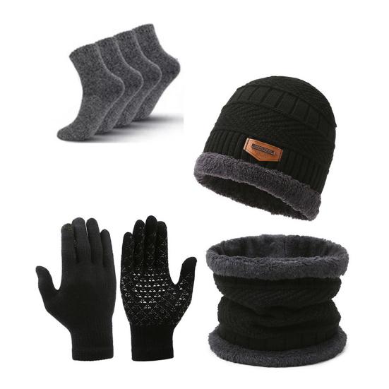 1 Set Winter Hat Scarf Gloves Socks Set Knitted Thick Elastic Great Friction Gloves Windproof Neck Warmer Cold Weather Cycling Socks And Beanie Set