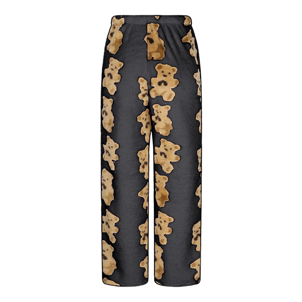 Женские милые плюшевые пижамные брюки с принтом медведя с карманом, широкие плюшевые повседневные брюки