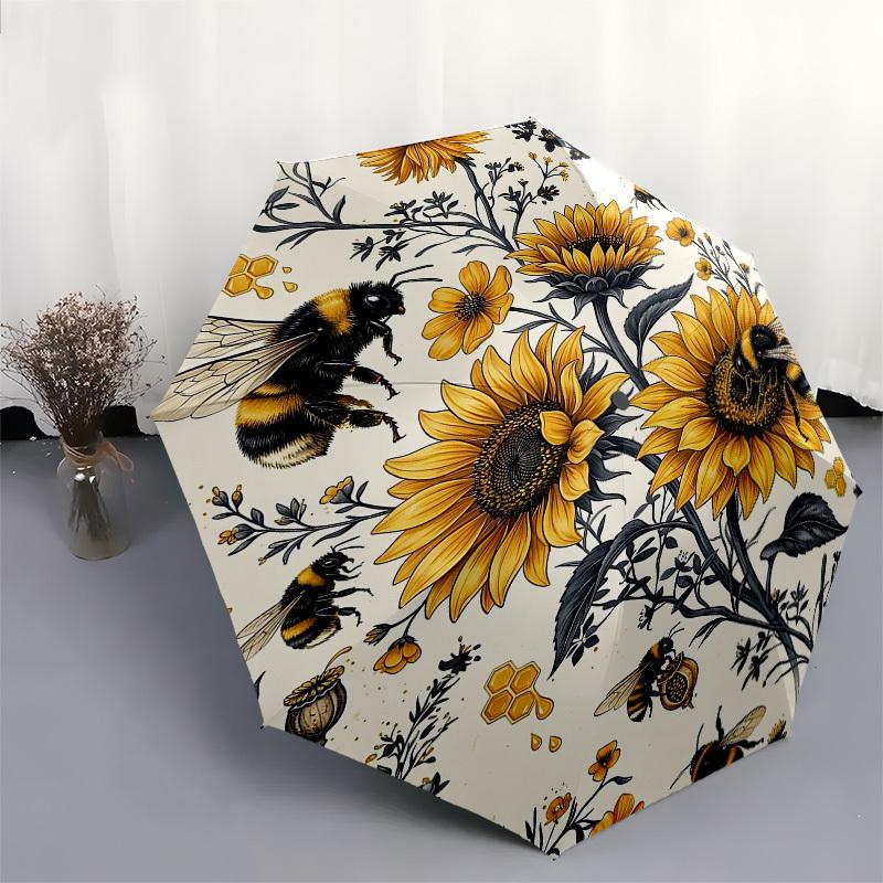 1PC Sunflowers Bees Umbrella-8-Rib Reinforced, Automatic Open, Lightweight & Durable, Fashion Accessory for Outdoor, Beach L0423
