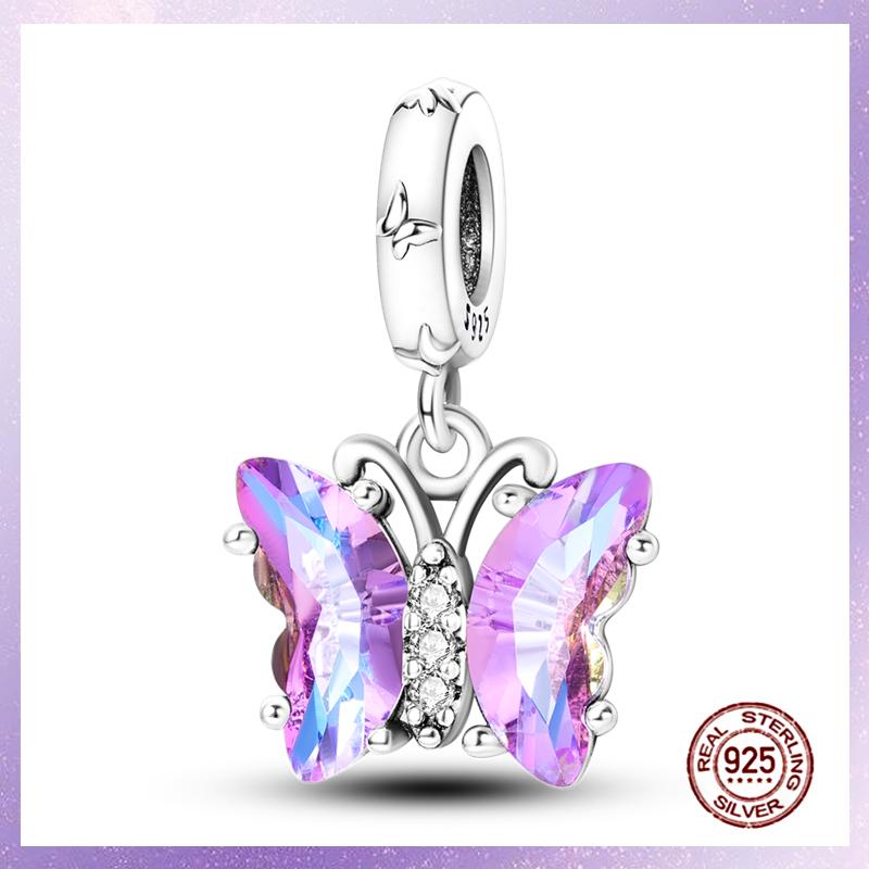 Фиолетовые Шармы Медный Fit Оригинальный Подвесной Браслет Бабочка Стекло Сердце Перо Клип Шарм Подвеска Светящаяся Бусина DIY Ювелирные Изделия