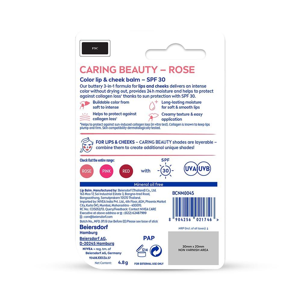Nivea Lip And Cheek Balm Rose Tint With SPF 30 For Glossy Hydration 4.8g | Moisturizing Balm For All Skin Types, 1 Pack