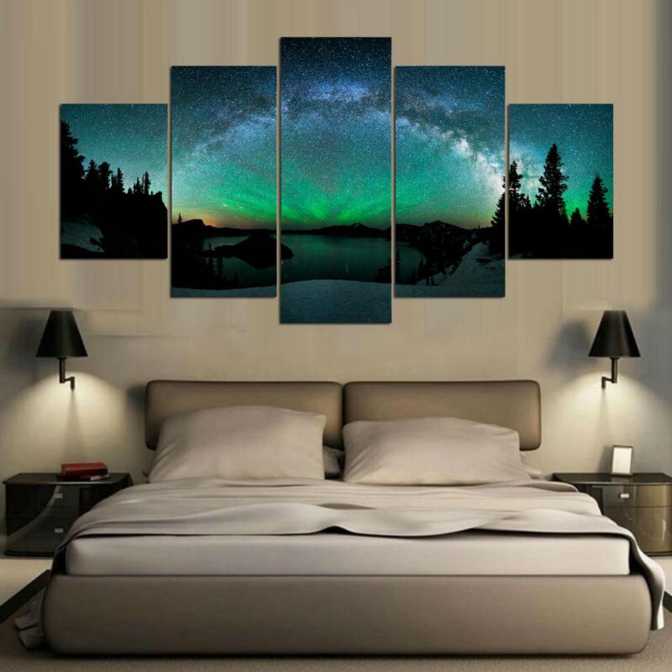 5 Panel HD Prints Northern Light Star Night Landscape Canvas Wall Art Wallpaper Paintings Posters Living Room Home Decor