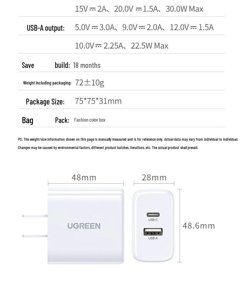 UGREEN 30 Вт двухпортовое зарядное устройство для iPhone 15/13, iPad, Huawei, Android