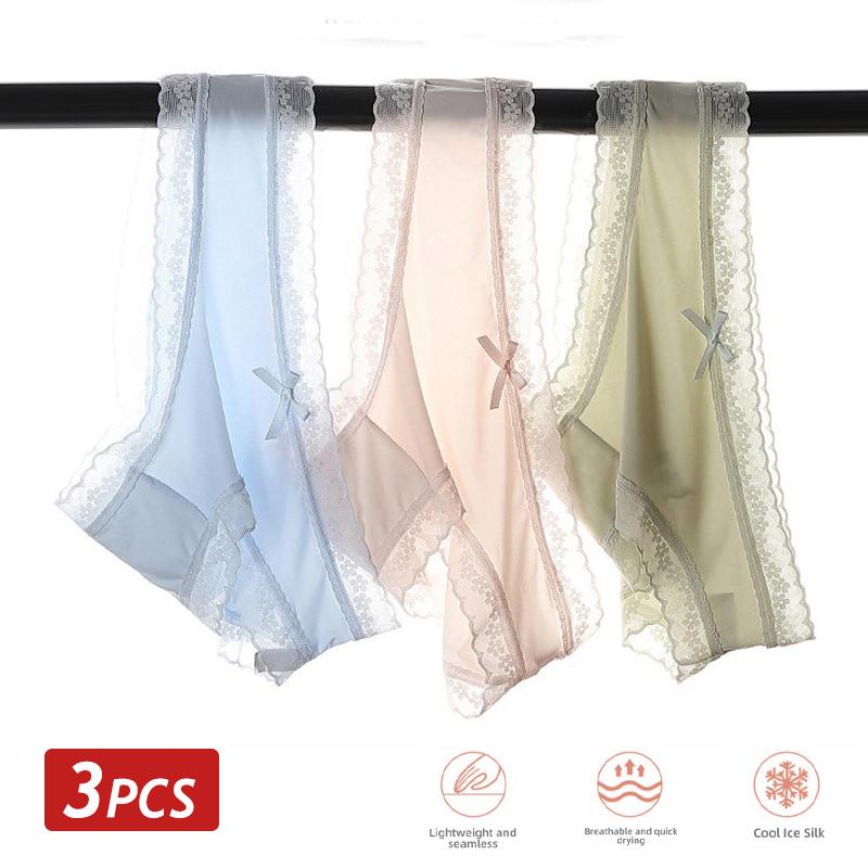 3PCS/Set Seamless Panties Ice Silk Lace Perspective Briefs Ultra Thin Breathable Underwear Cool Summer Female Sexy Lingerie