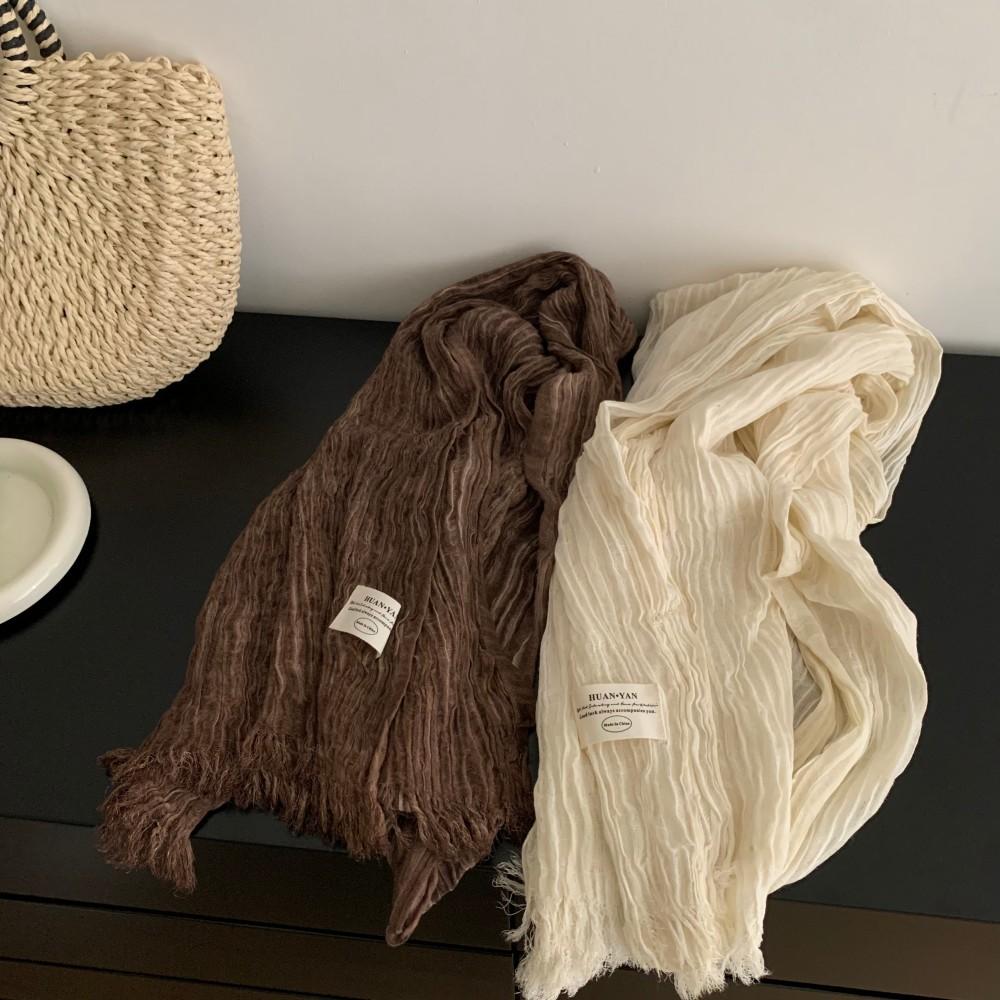 New Autumn and Winter Warm Long Solid Color Pleated Cotton and Linen Scarf Women's Shawl Versatile Yarn Fringed Scarf