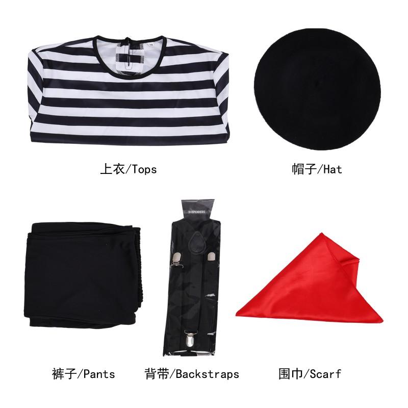 Funny Retro Mime Cosplay Costume Striped Shirt Halloween Roleplay