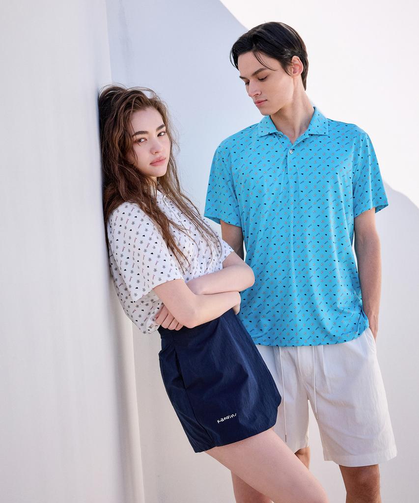 KANDINI Blue Printed Logo Short Sleeve Polo Shirt_Unisex