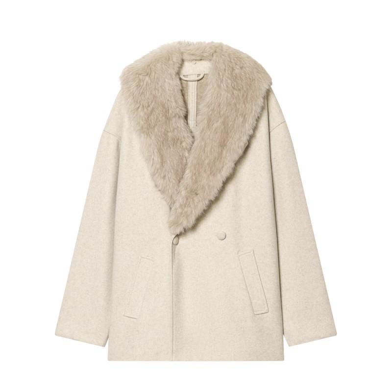 Womens Versatile Mid-length Coat Faux Fur Collar Soft Fabric Elegant Commuter Style