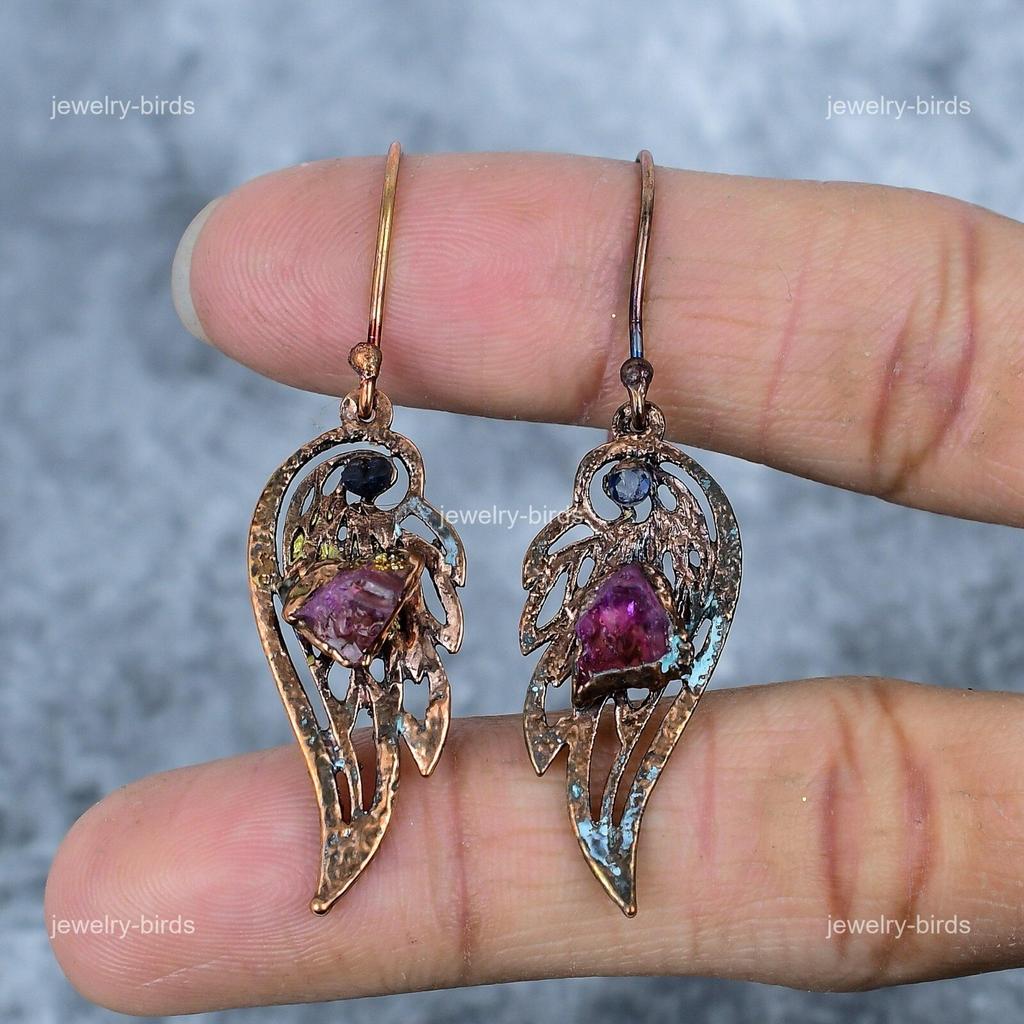 Fancy Pink Tourmaline Gemstone Copper Dangle Drop Electroformed Earrings Jewelry VP-86